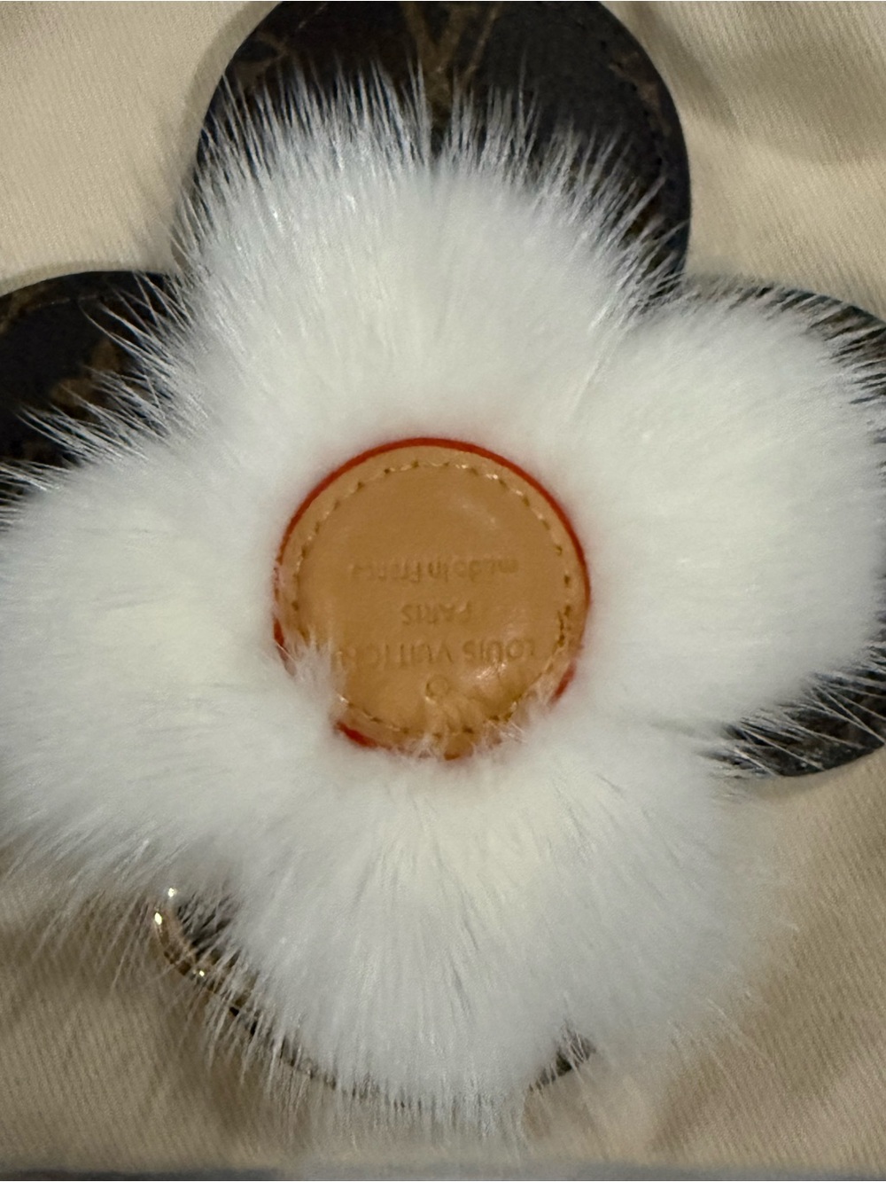 Louis Vuitton White Fur Flower Charm with Tan Leather Center
